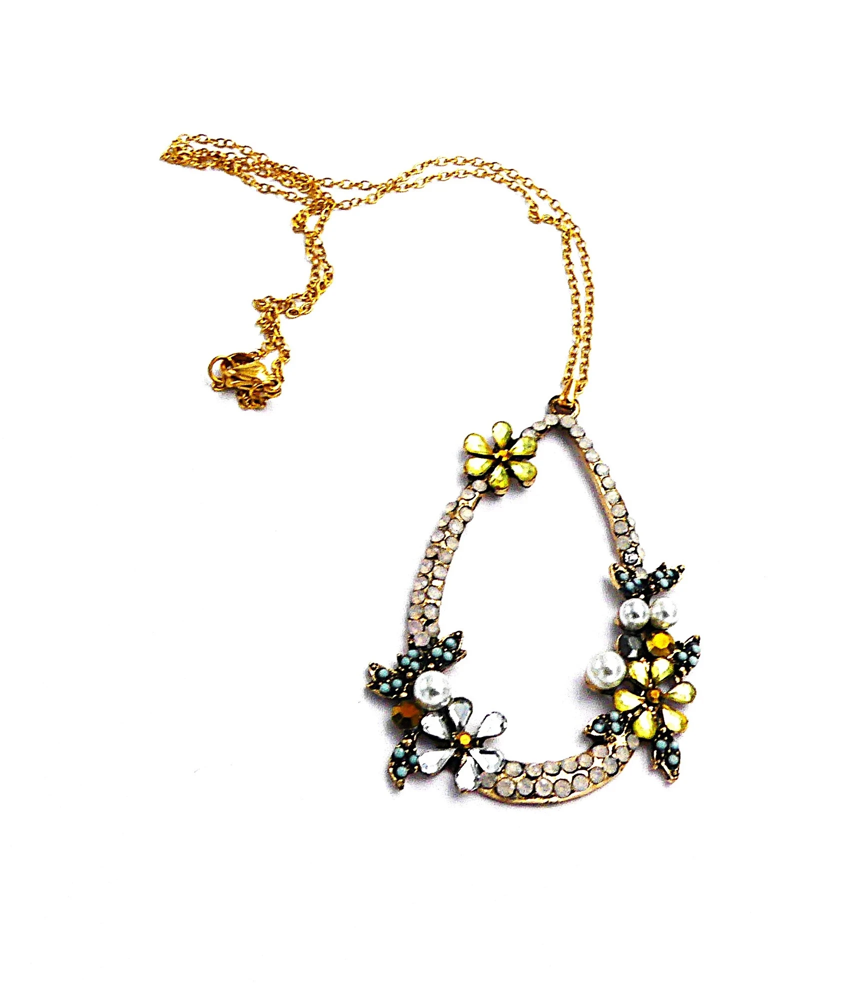 Collier chaine acier inoxydable, pendentif strass et perles blanc nacré
